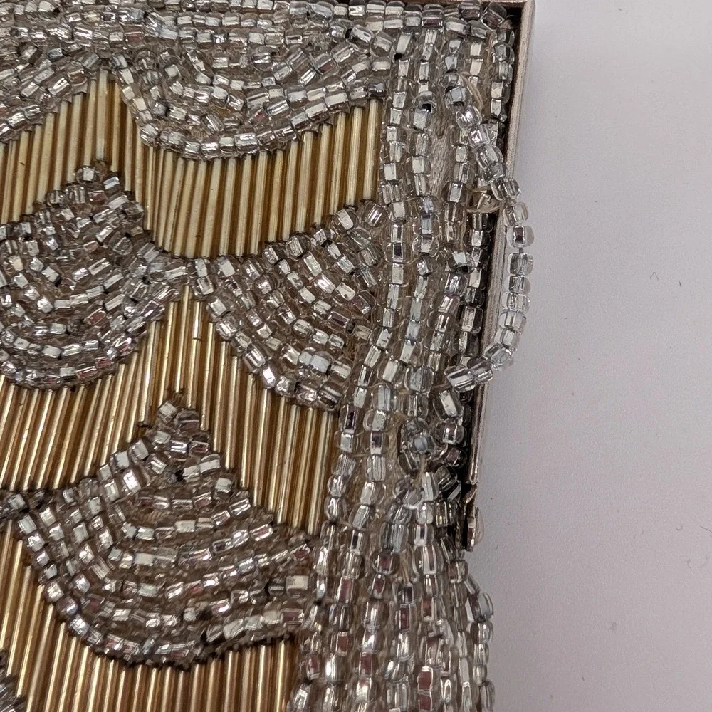 VTG Beaded Evening Bag Small Gold Silver Art Deco Kiss Lock Clutch Formal Glam